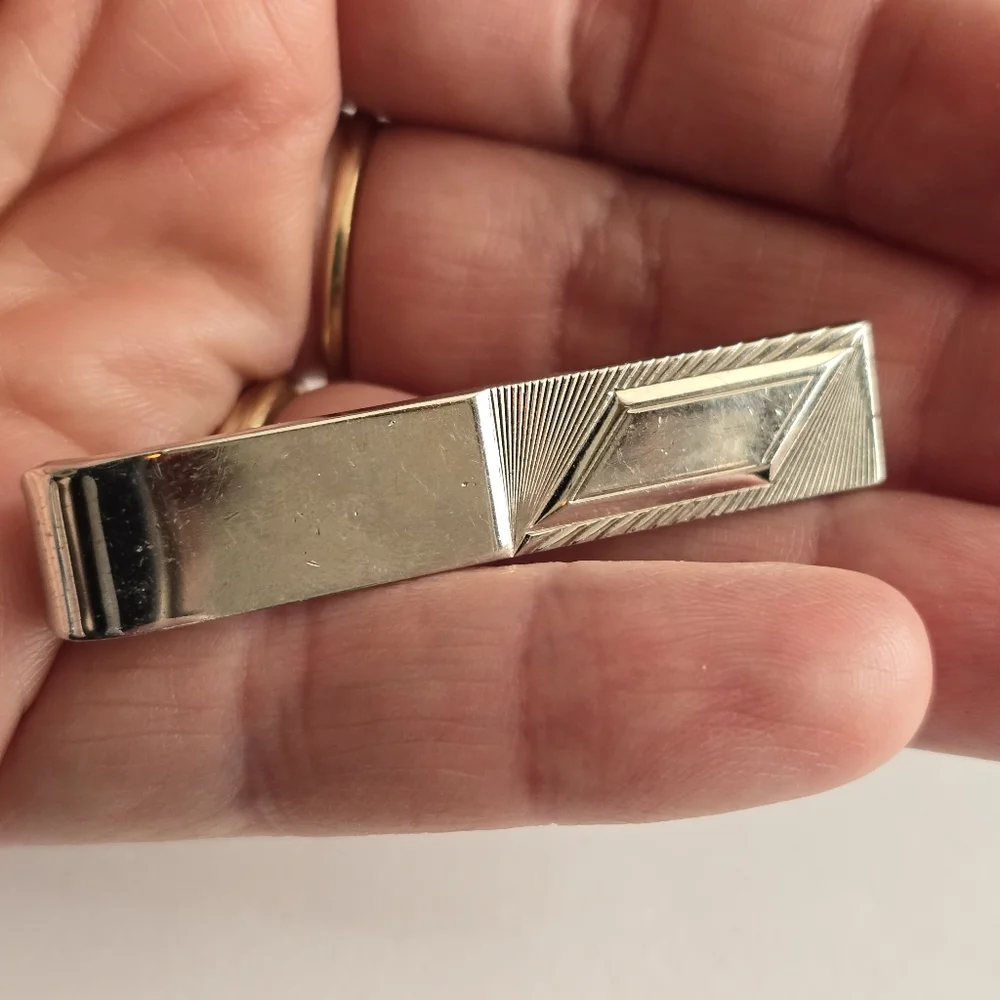 Vintage set cuff links tie clip silver tone geometric rhombus parallelogram